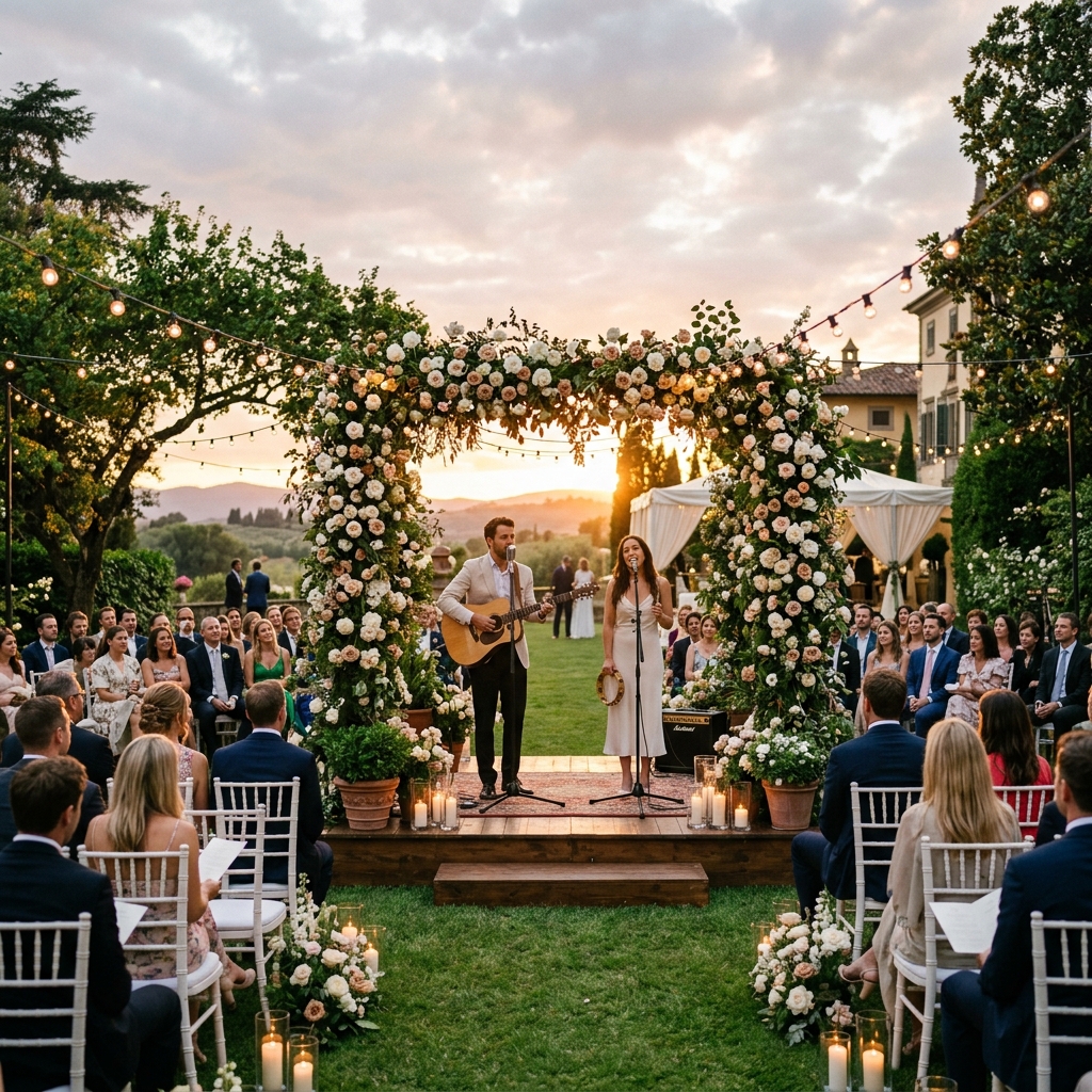 Acoustic duo performing live outdoors at a ceremony