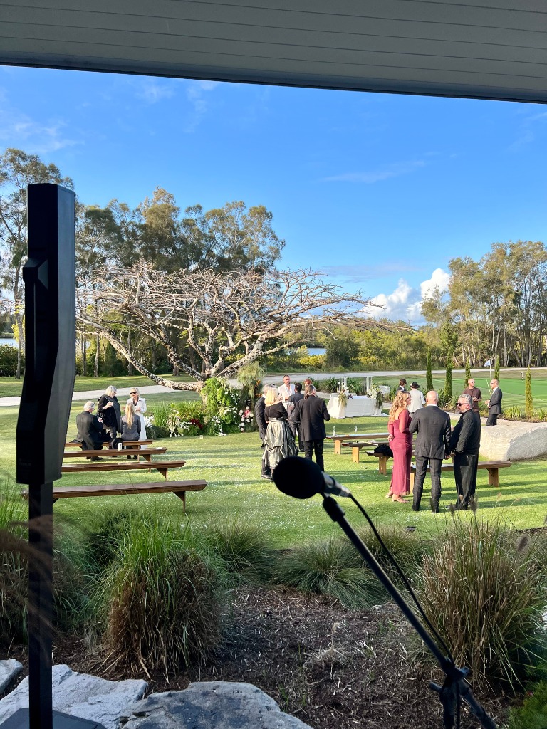 Charter Music live acoustic ceremony sound setup overlooking an outdoor wedding ceremony