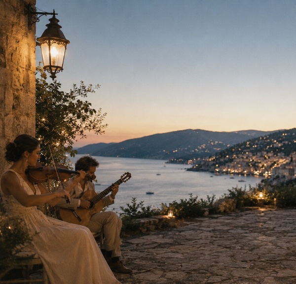 Romantic first dance at dusk with live acoustic duo performing outdoors