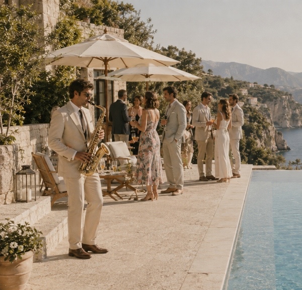 Live saxophonist performing for wedding guests at sunset poolside cocktail reception