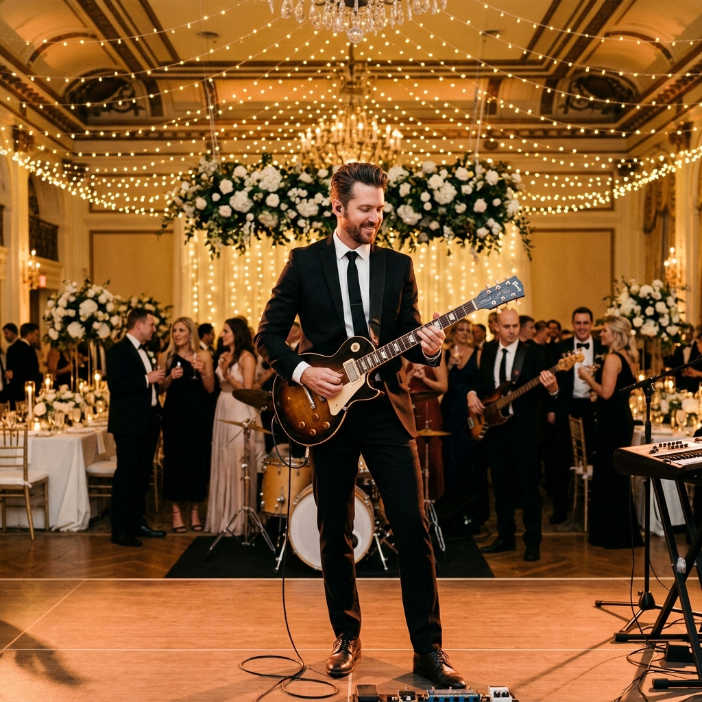 Electric guitarist performing at a grand ballroom corporate event